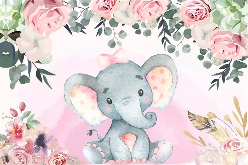 AOFOTO 5x3ft Pink Flowers Elephant Baby Shower Backdrop for Girl Sweet Floral Gender Reveal Background for Photography Kids Infant Birthday Party Banner Cake Table Decoration Photo Studio Props Vinyl - Image 1